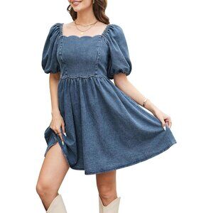 Denim Dress Cotton Blend Medium Blue Babydoll Pockets Casual Women